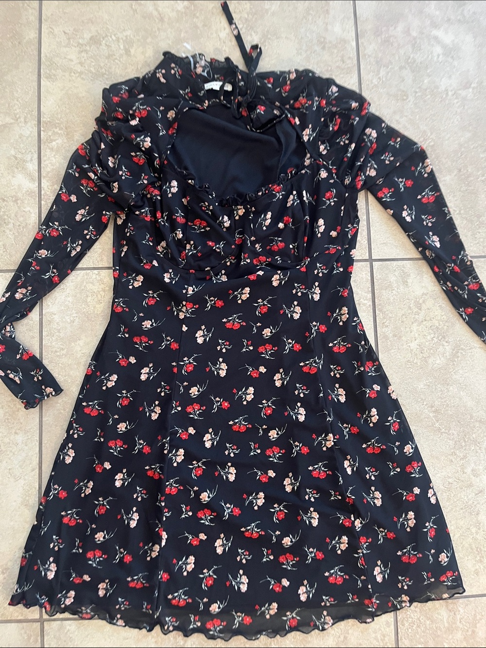 Black floral long sleeve dress mesh romantic
